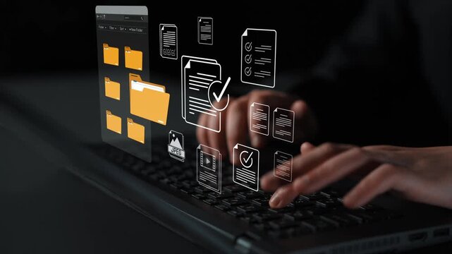 Person Typing on Laptop with Digital File Management Graphics and Modern Technology Elements Representing Organization and Productivity in a Dark Environment Sigmoid