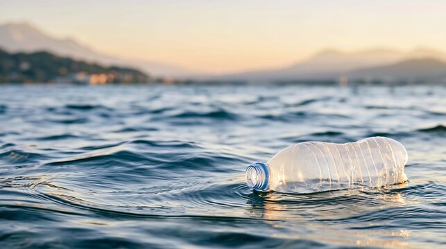 Discarded plastic bottle floating on water, representing pollution and environmental plastic waste problem