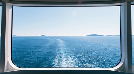 Obraz premium Ship window offering a beautiful ocean setting with shimmering blue water, a visible wake, and peaceful islands far away