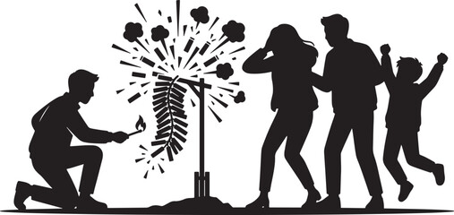 Family Silhouette Celebrating Fireworks, Man Igniting Firecrackers, Festive Celebration, Joyful Event, Night Sky Pyrotechnics, Outdoor Party, Holiday Spectacle © MdAbir