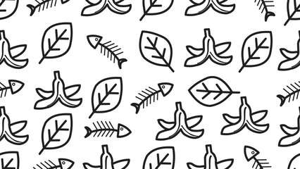 Fototapeta premium Organic trash pattern background..Flat illustration of Organic trash Seamless pattern.Organic trash Pattern theme.Organic trash pattern seamless.banana peel, fish bone and leaf 