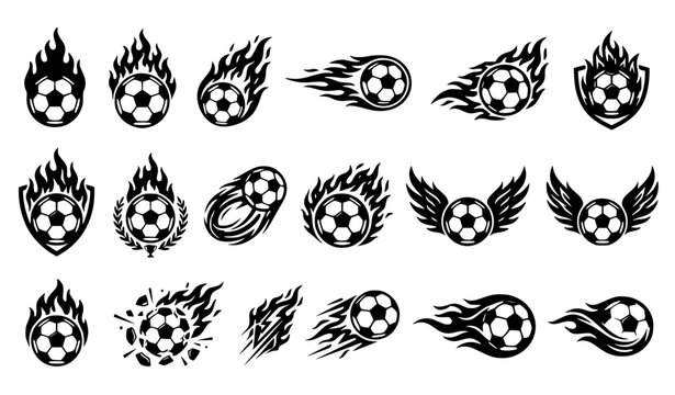 Ultimate Bundle of Flaming Football Soccer Ball Silhouette Icons with Fire Flames Shields Wings Laurel Wreath and Dynamic Speed Motion Trails for Sports Branding