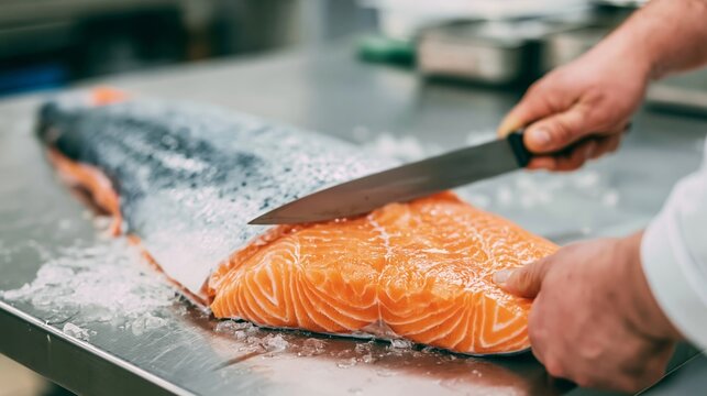 Chef's hands skillfully filleting a large, fresh salmon with a knife on a stainless steel, ice covered table, preparing raw fish