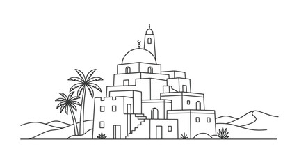 Traditional desert town or village with distinct architecture, palm trees, and sand dunes in a Middle Eastern landscape, cultural settlement line art. © Dinda