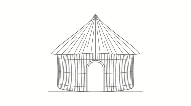 Simple round hut with conical thatched roof and arched doorway, isolated white background, traditional dwelling line art.