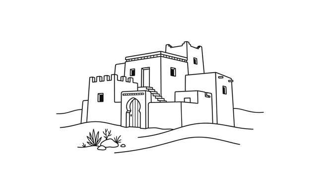 Hand-Drawn Sketch of Traditional Moroccan Mud House Village Landscape on Isolated White Background