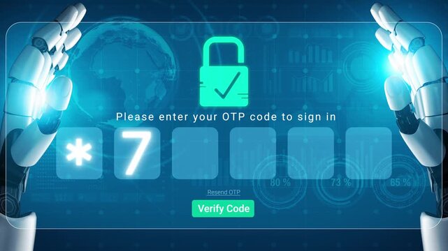 Futuristic Robotic Hands Presenting Secure OTP Code Input Interface for Digital Authentication and Cybersecurity Solutions Sigmoid