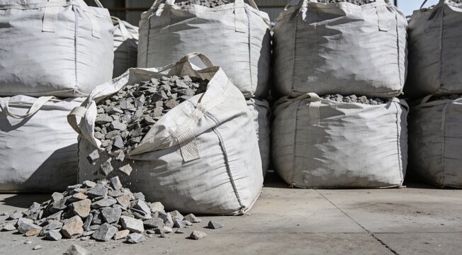 Gravel-filled jumbo bags arranged in industrial warehouse environment