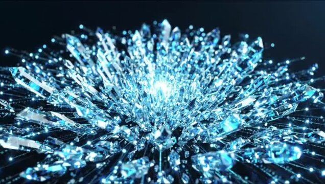 Abstract crystal explosion with luminous particles and interconnected lines on a dark background
