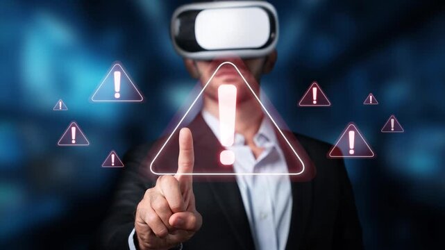 A businessman in a VR headset interacts with virtual warning symbols, highlighting challenges in technology and innovation in a modern business environment. Raster