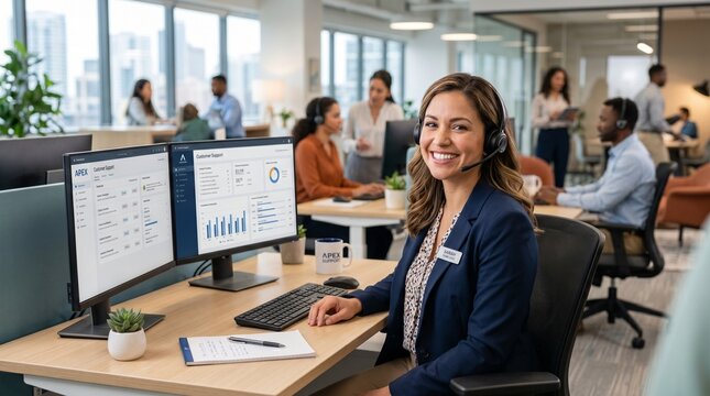 Professional woman working at office desk with multiple monitors in bright modern call center