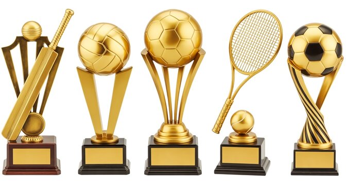A set of 6 golden trophies for various sports on wooden bases