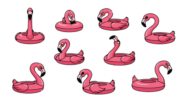 Pink flamingo inflatable pool float set with multiple views