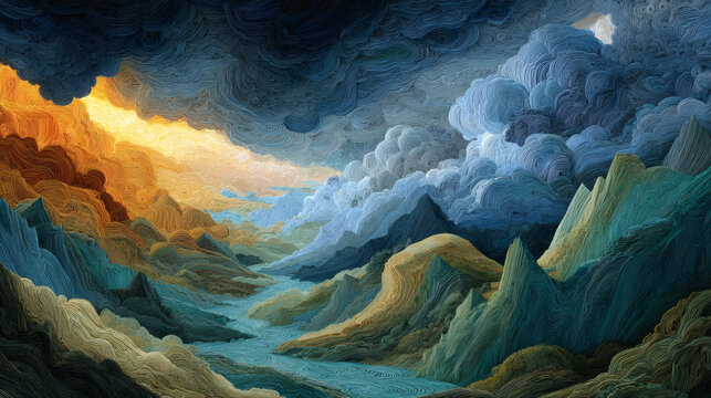 Dramatic mountain landscape with swirling clouds