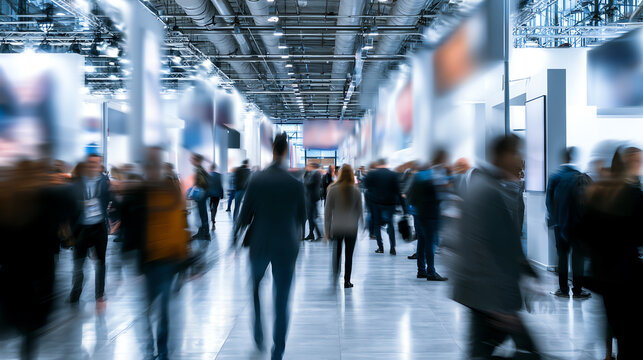 Crowd of people in a busy exhibition hall, showcasing bustling activity and dynamic interactions in a professional environment.