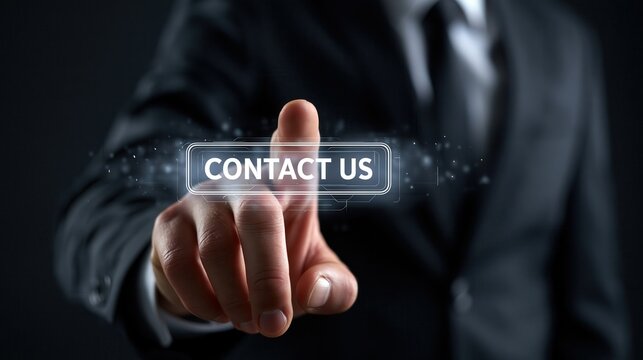 Businessman points his finger at a glowing 'Contact Us' button, highlighting accessible customer service.