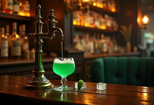 Mystical Absinthe Fountain Drip Vintage Bar Reflected Green Hue Dim Interior Shelves Glass Bottles