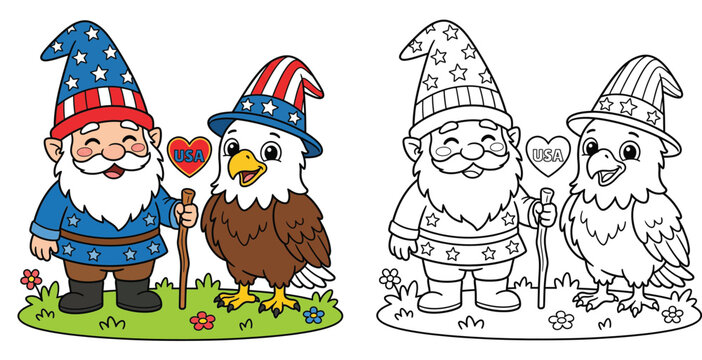 Cute Patriotic Gnome and Bald Eagle Illustration with Coloring Page for Kids, Independence Day 4th of July American Celebration Vector Graphics
