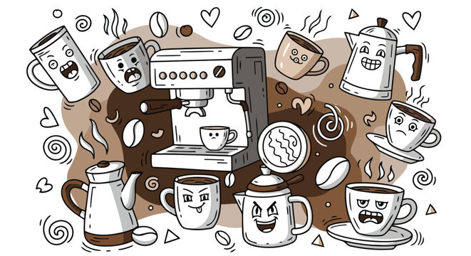 Coffee doodle vector background with funny cartoon mugs and espresso machine