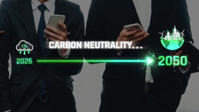 Business professionals engage with mobile devices while showcasing a timeline for carbon neutrality from 2026 to 2050, emphasizing commitment to sustainability and innovation. Raster