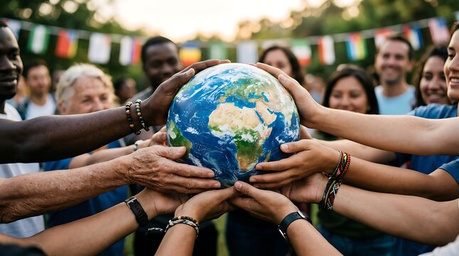 Diverse hands holding globe symbolizing unity and environmental care