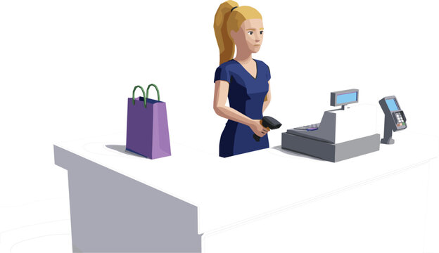 3d low poly female cashier standing at store counter checkout with register barcode scanner and paper shopping bag