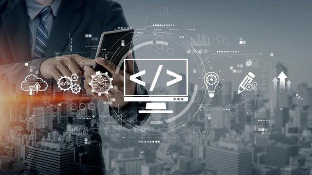 Modern web development concept featuring coding symbols, web development process, web development interface, and web development tools with futuristic design. Muxer