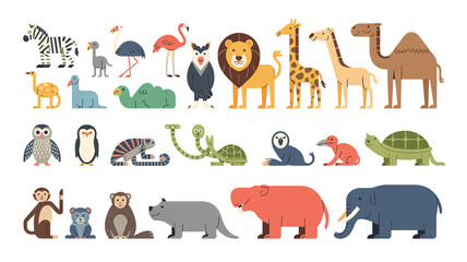 Obraz premium Cute cartoon animal set featuring farm and wild zoo animals like elephant, giraffe, lion, zebra, cow, horse, sheep, pig and dog illustration collection