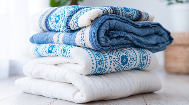Folded quilts creating a comfortable stack with detailed blue embroidery and soft fabric textures on light wood flooring