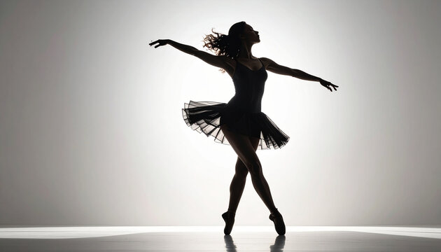 Graceful silhouette of a ballerina in motion against soft lighting