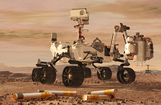 Return of sample of the planet Mars by the rover perseverance in 3d illustration