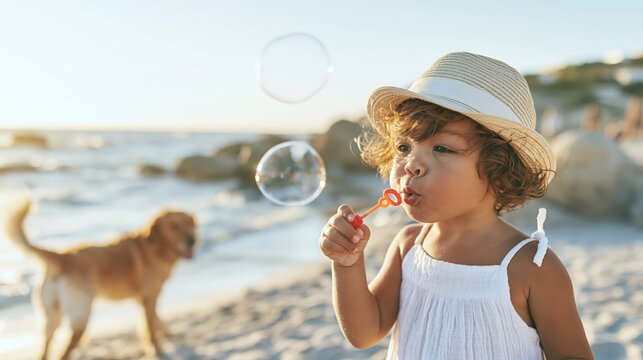 Toddler blowing bubbles on beach, a Golden Retriever dog in background, enjoying summer vacation activity