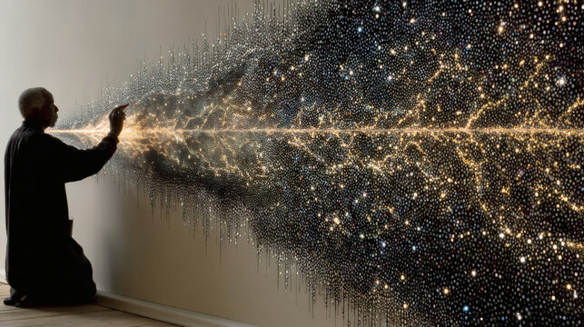 Artistic installation with illuminated particles