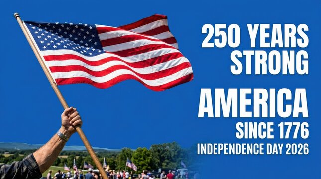 American flag waving for 250 years strong anniversary, America since 1776 Independence Day 2026 celebration, patriotic US flag held against blue sky