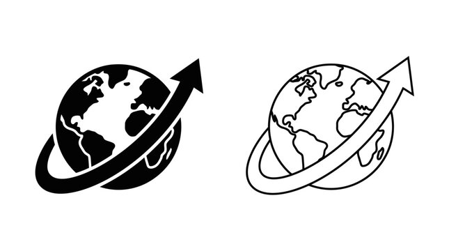 Globe with orbiting arrow black and white line illustration