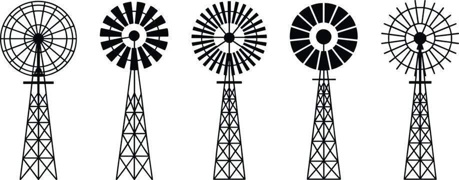 Watercolor farm windmill vector set with rustic hand stamped vintage steel wind pump illustrations
