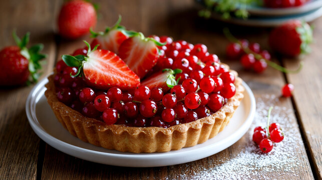 Berry tart topped with fresh strawberries and red currants on a rustic wooden table symbolizing homemade dessert indulgence freshness and gourmet baking