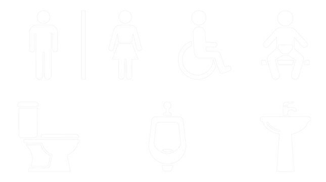 Minimalist public restroom sign icons vector collection featuring gender symbols wheelchair accessibility baby changing station toilet urinal and sink outline elements for directional navigation maps