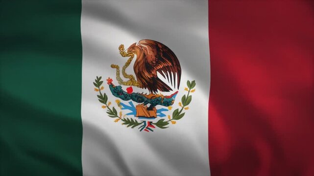 Mexican national flag with green, white, red stripes and eagle coat of arms