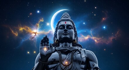 Naklejka premium Majestic Shiva statue with glowing markings and beads against a vibrant cosmic background with stars and a crescent moon.