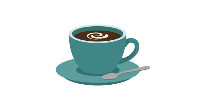Teal Coffee Cup with Swirl: A teal coffee cup filled with dark coffee, adorned with a creamy swirl and accompanied by a saucer and spoon, perfect for a morning pick-me-up or a cozy break.