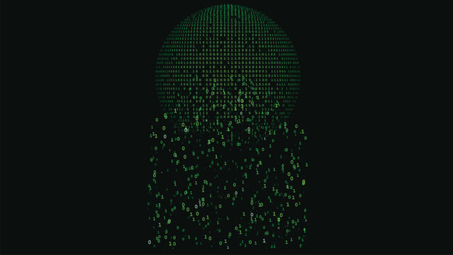 Green binary code sphere exploding on black background