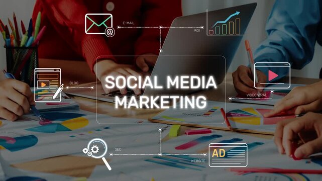 This image captures a vibrant workspace where hands collaborate on social media marketing strategies, featuring diverse digital tools and colorful charts, embodying creativity and teamwork. Raster