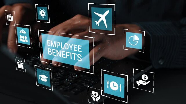 Hands typing on a keyboard with digital icons representing various employee benefits, including travel, education, and health care, showcasing workplace perks. Gluon.