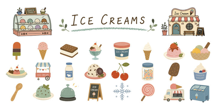 アイスクリームとスイーツの手描きアイコンセット／Ice Cream Icons, Dessert Collection, Hand Drawn