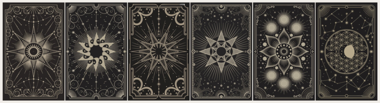 Black card backs glow with intricate star and moon patterns. Each design radiates mystery, balance, and cosmic energy. The artwork blends ancient symbols with modern elegance