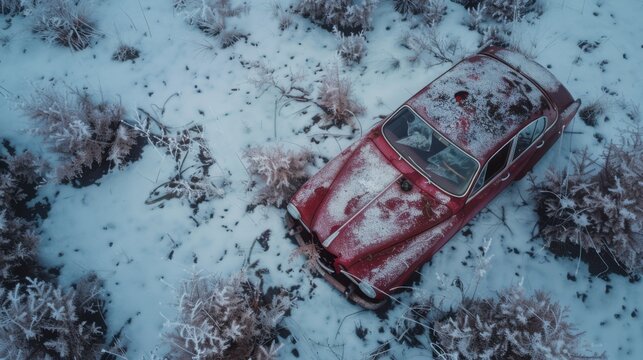 Ultrarealistic drone winter shot of abandoned classic car Canon EOS R5 35mm f11