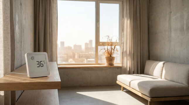 Digital thermometer showing extreme indoor temperature during a summer heatwave in an urban apartment