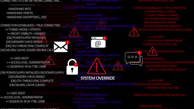 AI system override alert icon with binary code background. The attention grabbing icon highlights the importance of digital safety in today's interconnected world. 4K Motion Video