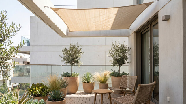 Residential terrace with shade sail and drought resistant plants, adapting outdoor spaces to extreme heat